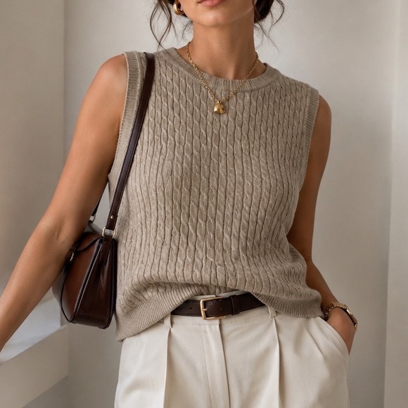 Banana Republic Sweaters - Banana Republic Tan Cable Knit Pima Cotton Wool Blend Sweater Vest Size M o3